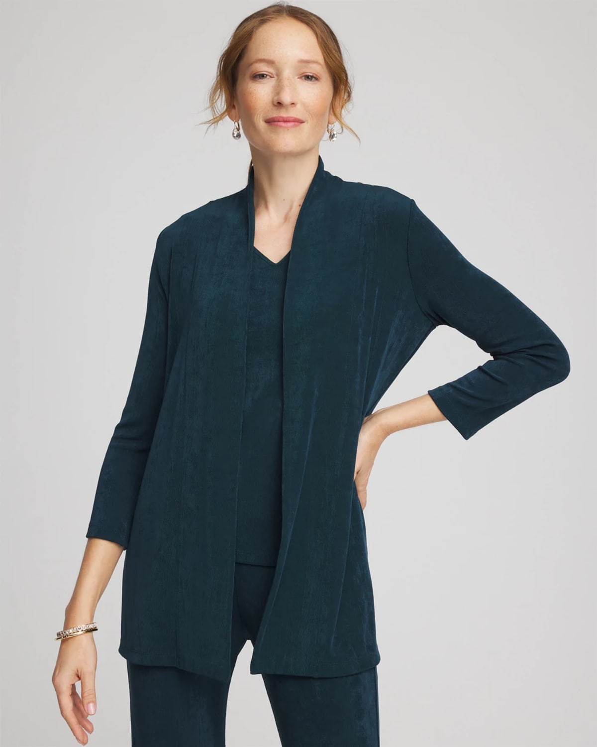 Chico's Travelers™ Long Knit Jacket In Teal Shadow