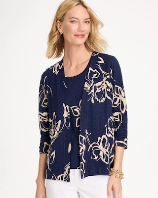 Floral Linen Open Front Cardigan