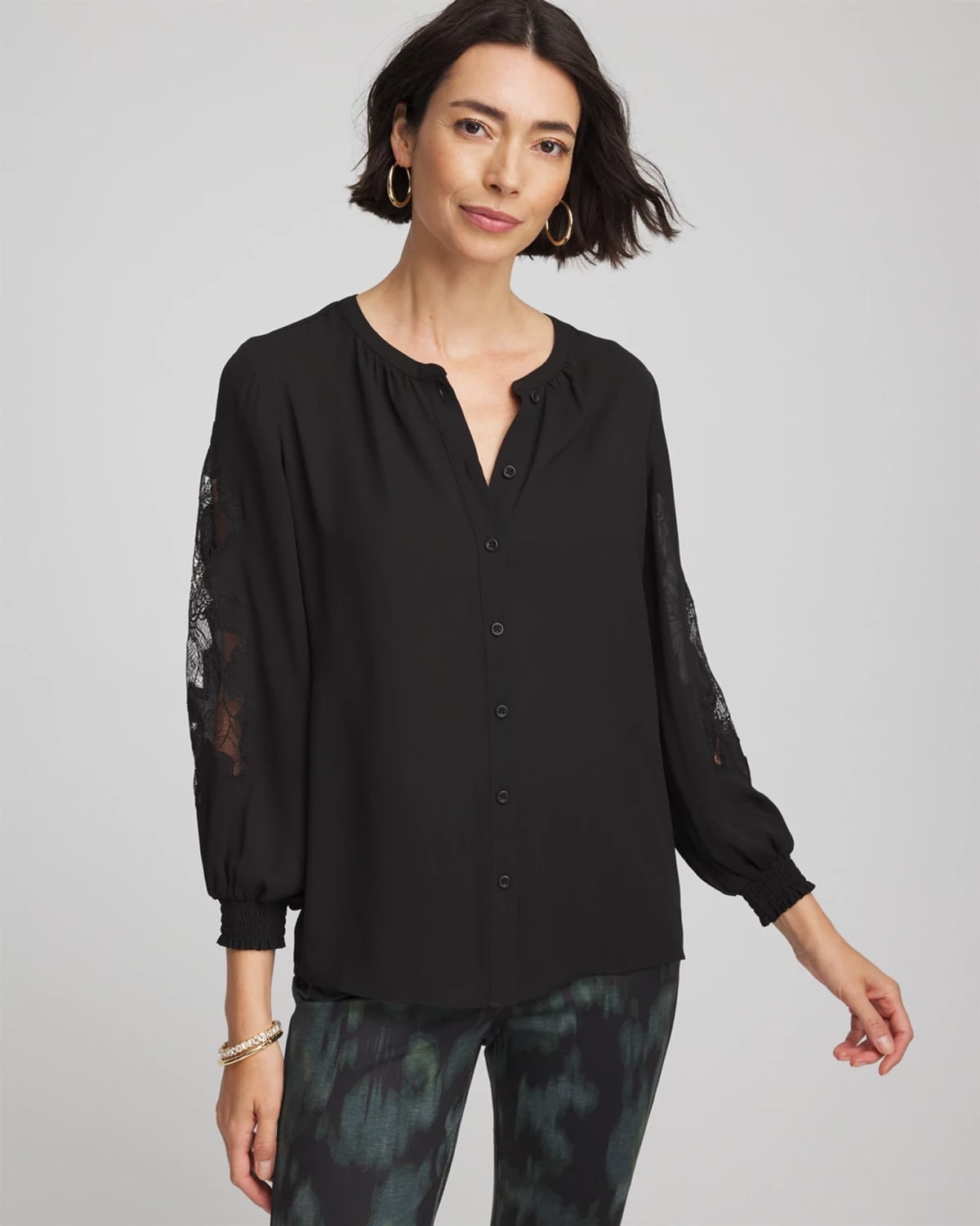 Chico's Crepe Banded Collar Blouse In Black