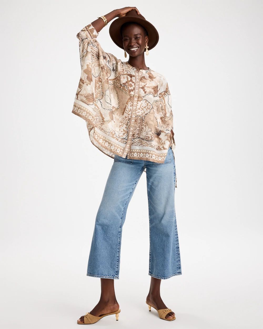 Printed Button-Down Poncho click to view larger image.
