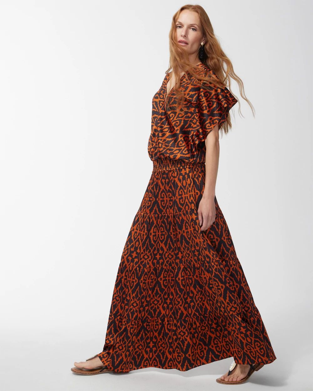 Satin Ikat Tiered Maxi Skirt