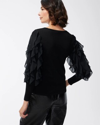 Spun Rayon Black Ruffle Sleeve Sweater