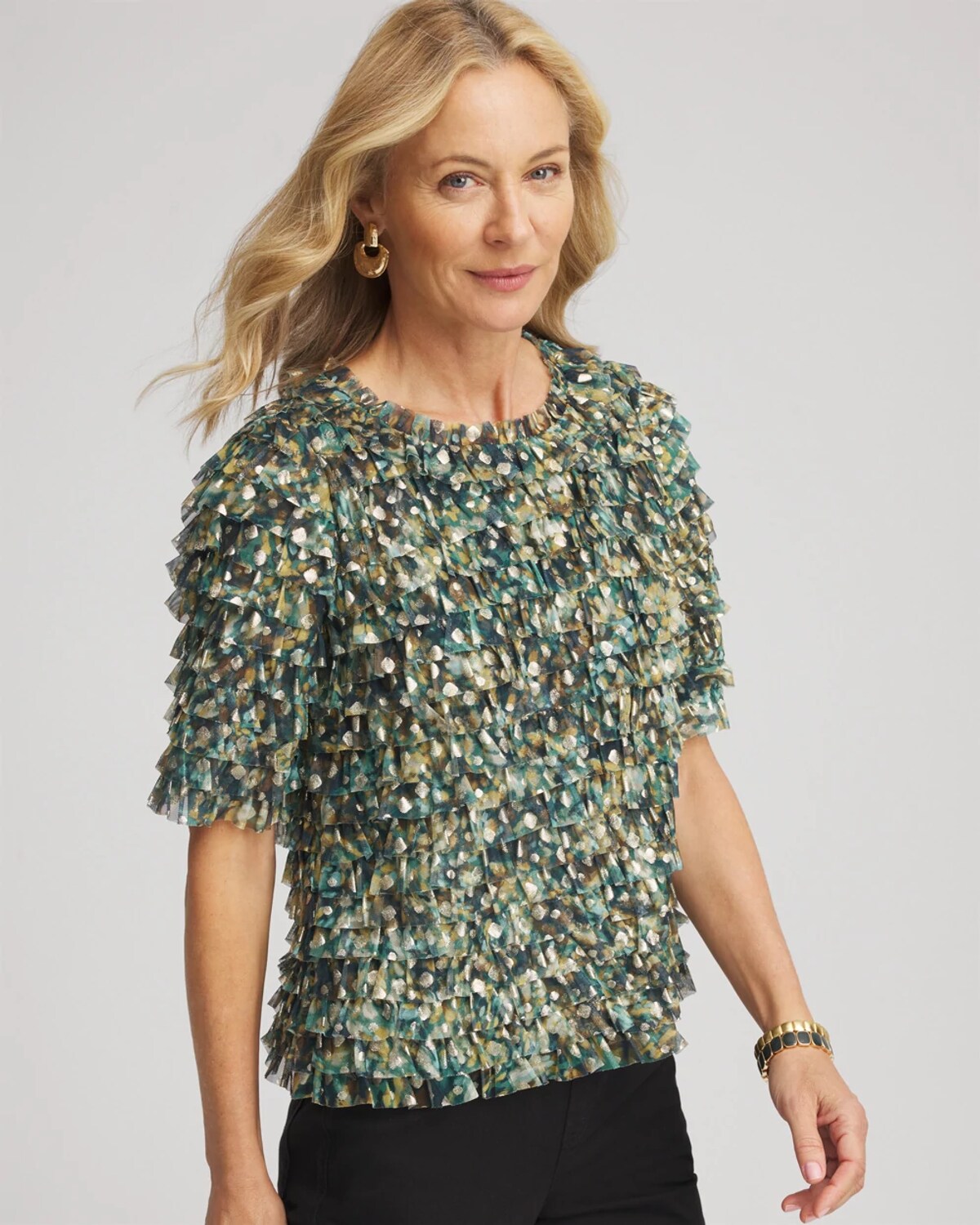 Chico's Mesh Ruffle Crop Tee In Darkest Spruce In Green