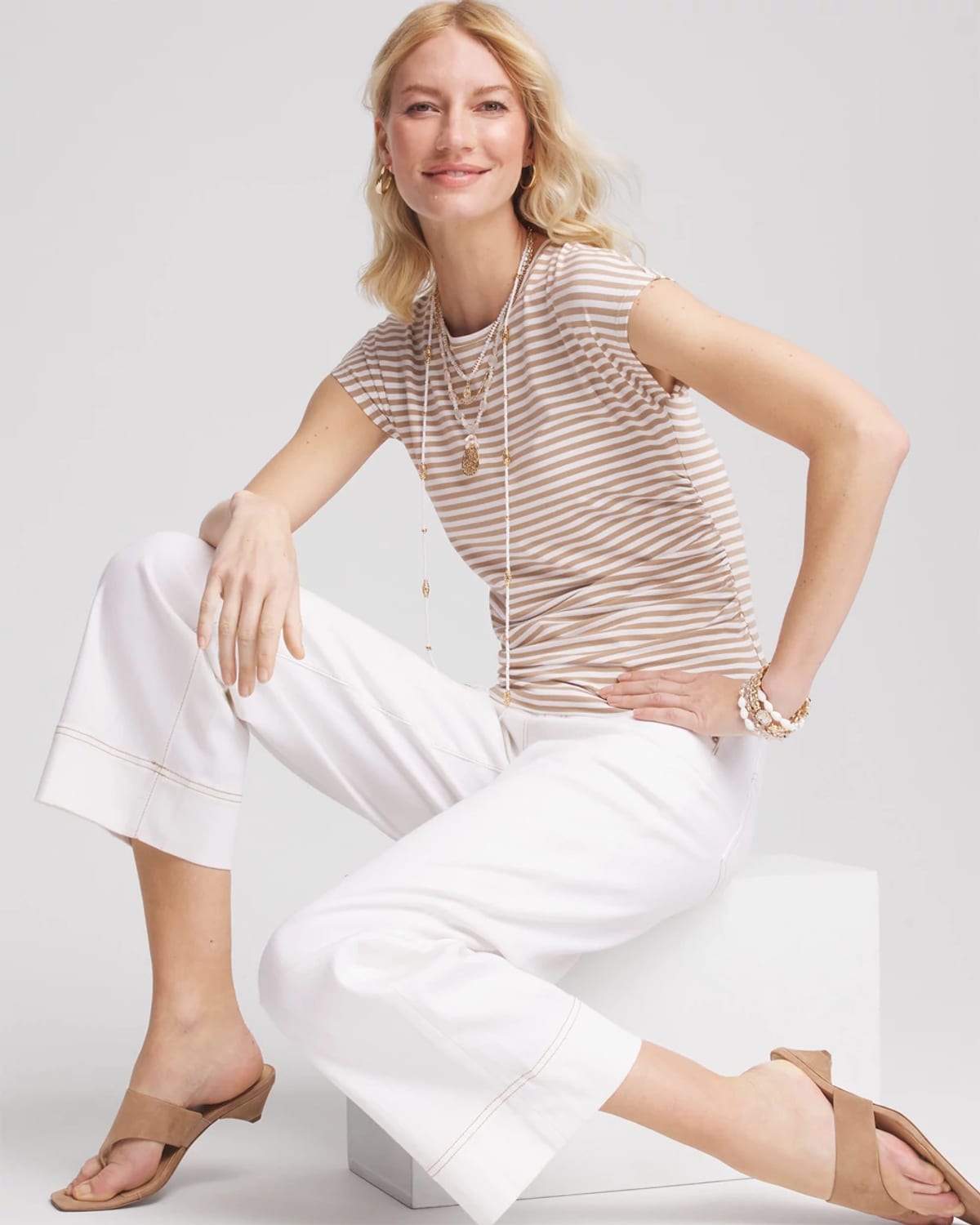 Chico's Neutral Striped Cap Sleeve Dolman Tee In Brown