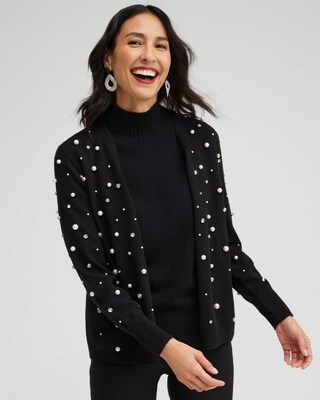 Faux Pearl & Rhinestone Cardigan Sweater