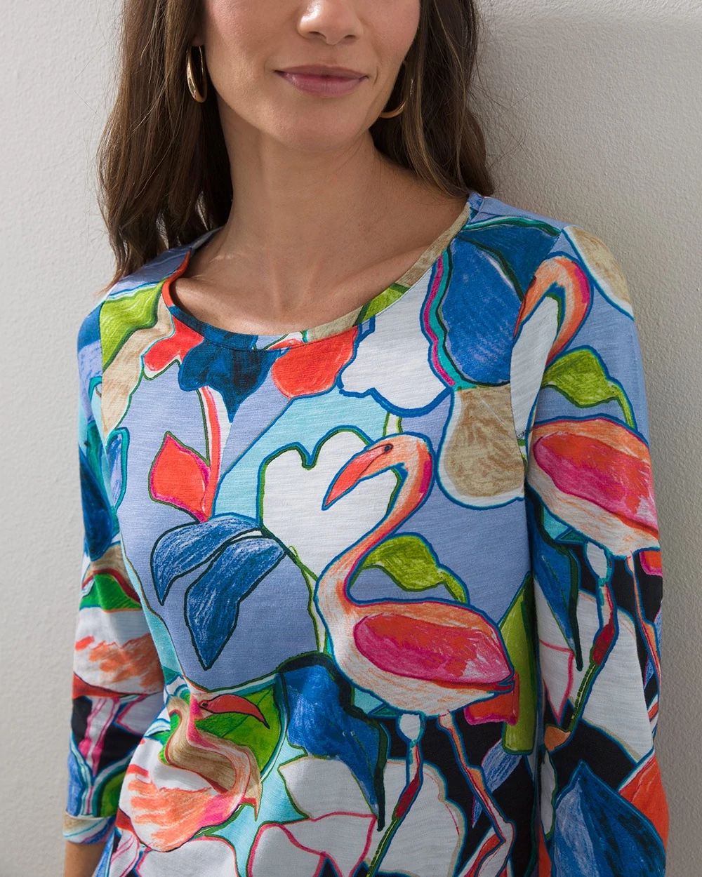 3/4 Sleeve Tropical Print Slub Tee