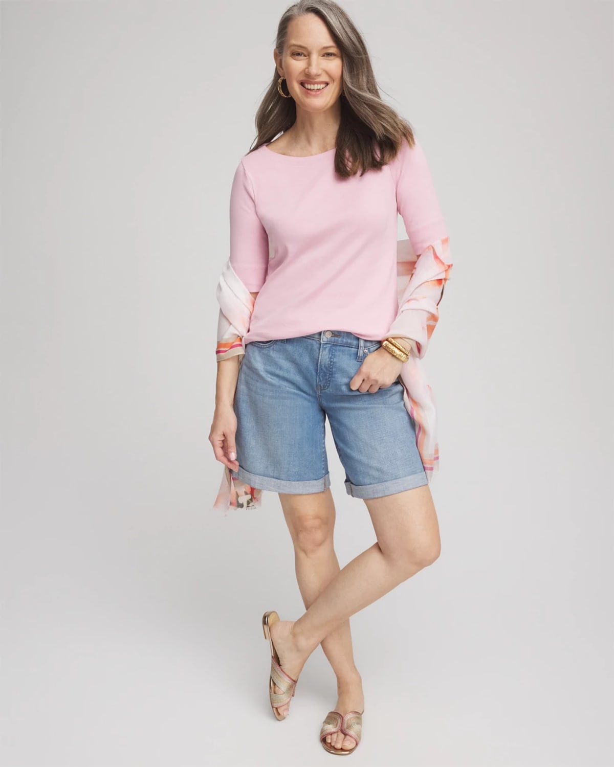 Chico's Pima Cotton Bateau-neck Tee In Pink In Pink