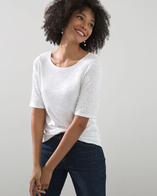 Faux Pearl Sleeve Slub Tee