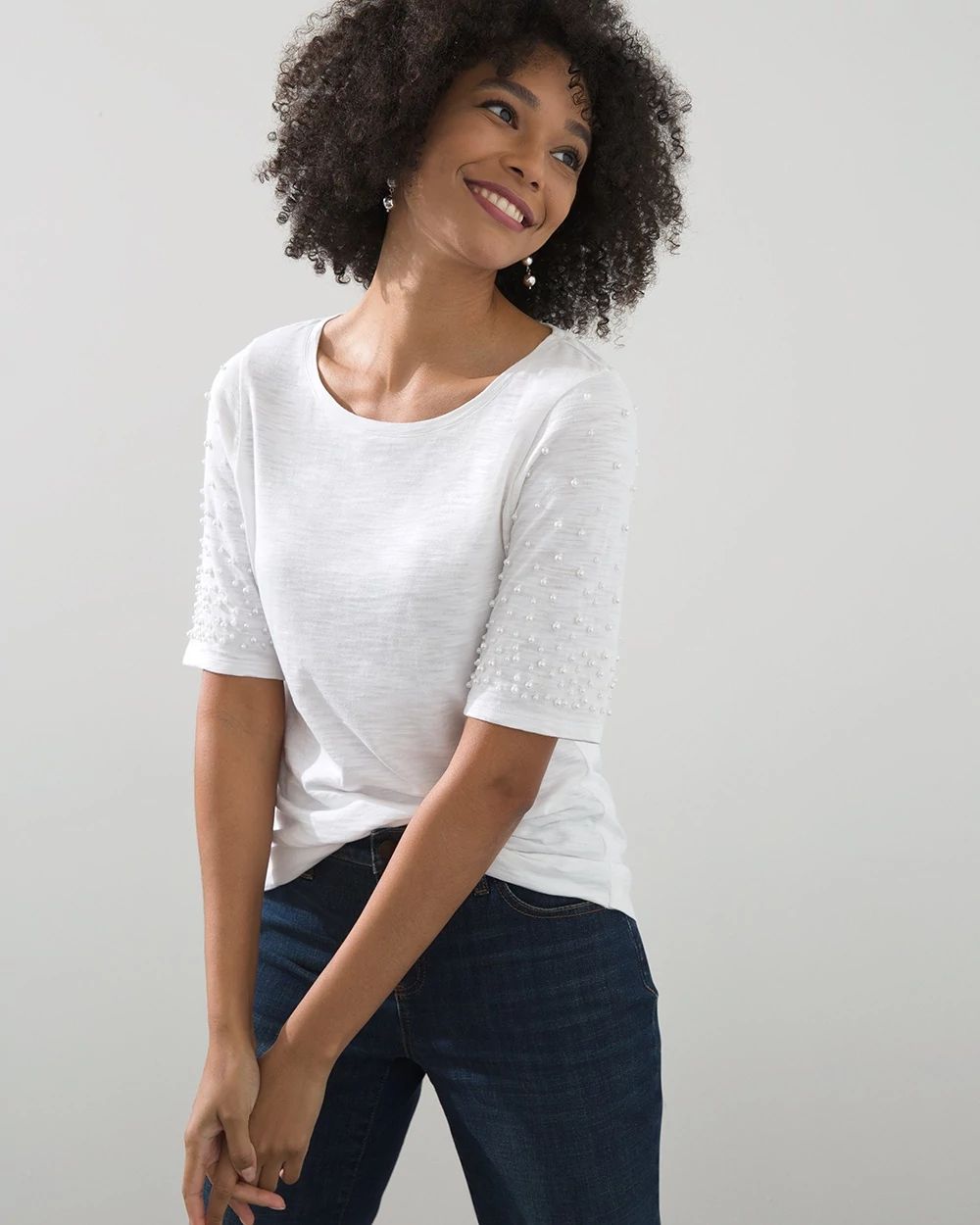 Faux Pearl Sleeve Slub Tee