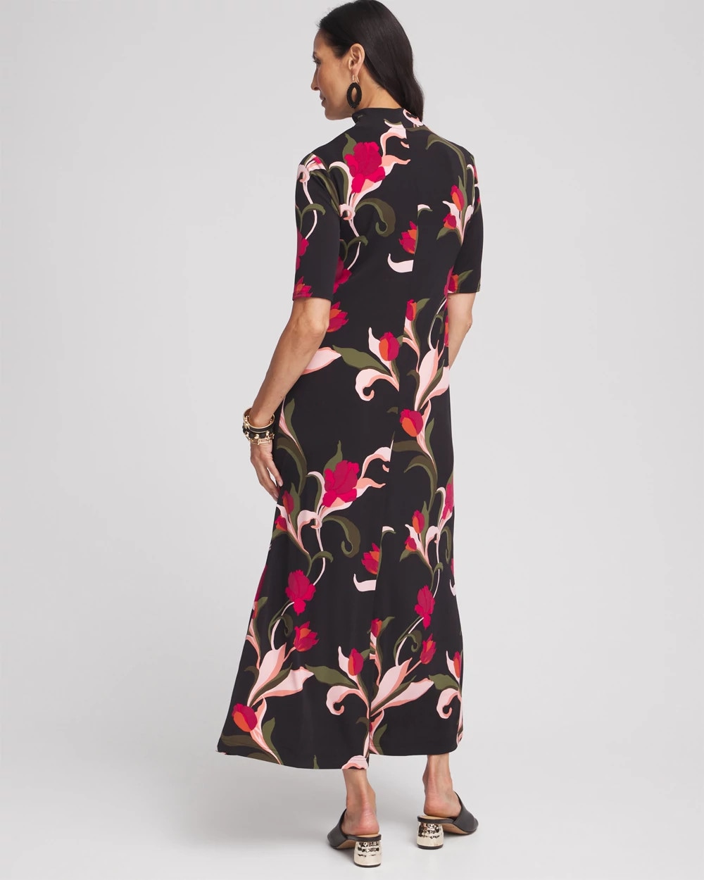 Elbow-sleeve Mock Neck Maxi Dress