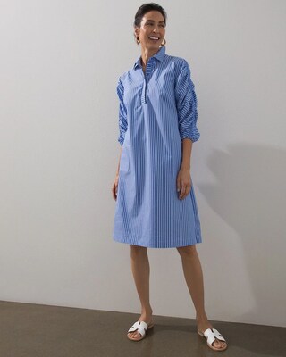 Stripe Poplin Ruched Sleeve Dress