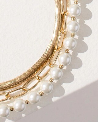 Long Three-Strand Faux Pearl Necklace