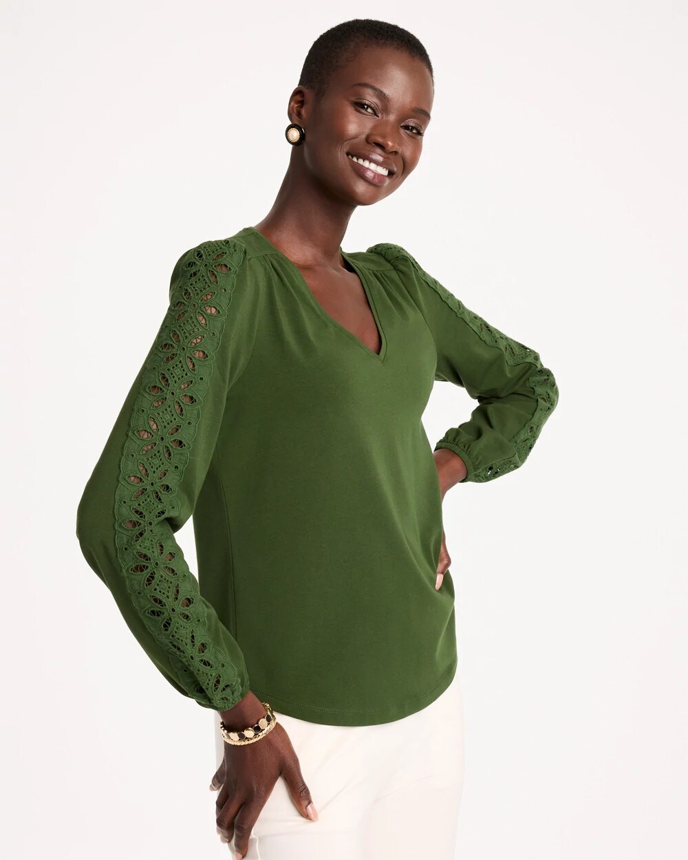 Chico's Jersey Knit Cutwork Top In Serene Spruce