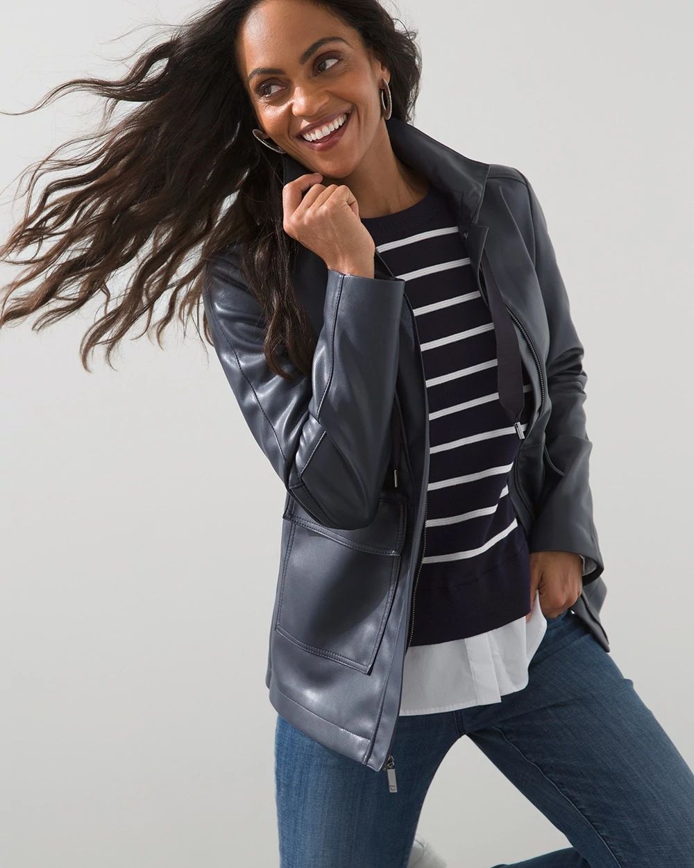 Funnel Neck Faux Leather Jacket