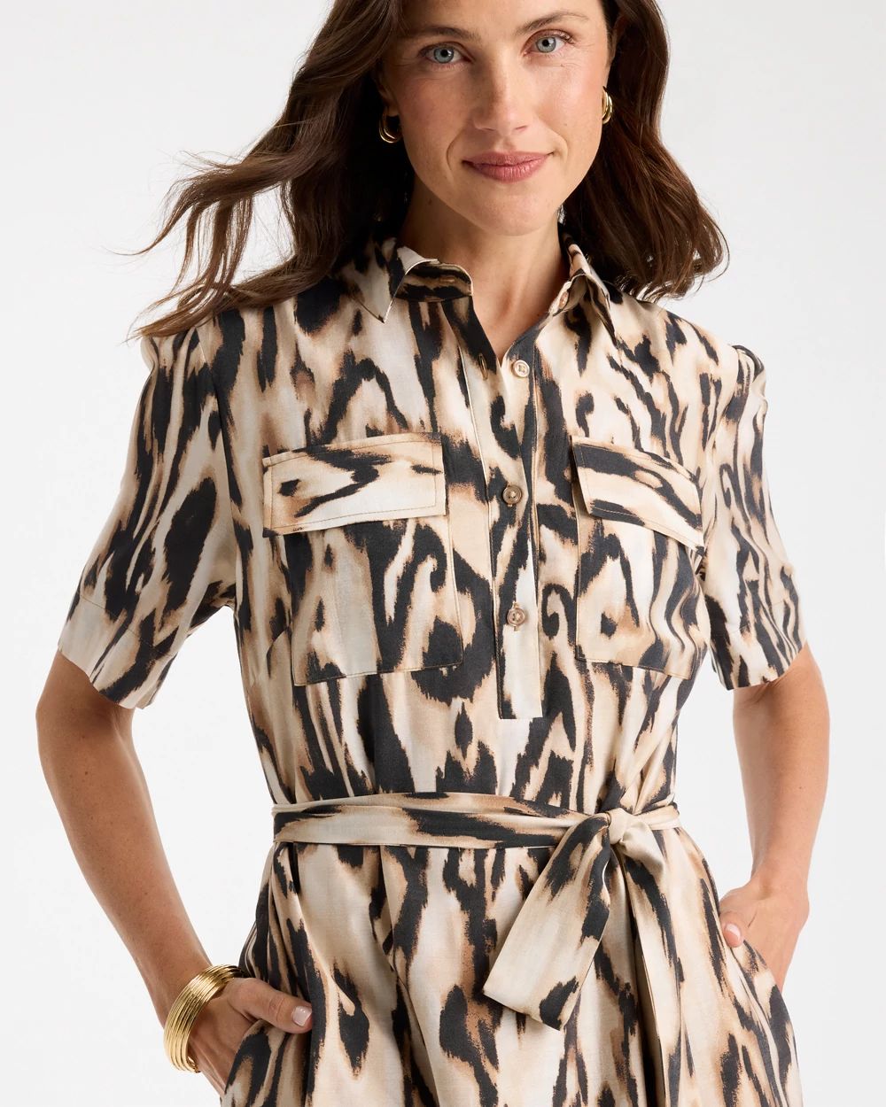 Ikat Printed Knee Length Shirtdress click to view larger image.