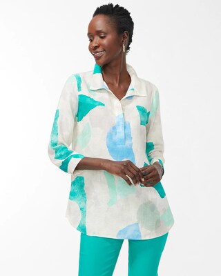 No Iron Linen Print Button Back Tunic
