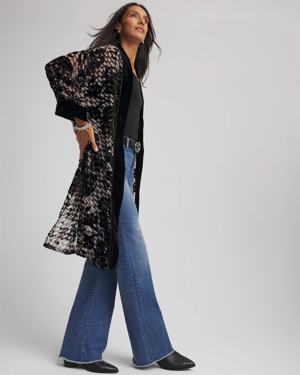 Chico's Art Deco Burnout Kimono In Black In Black