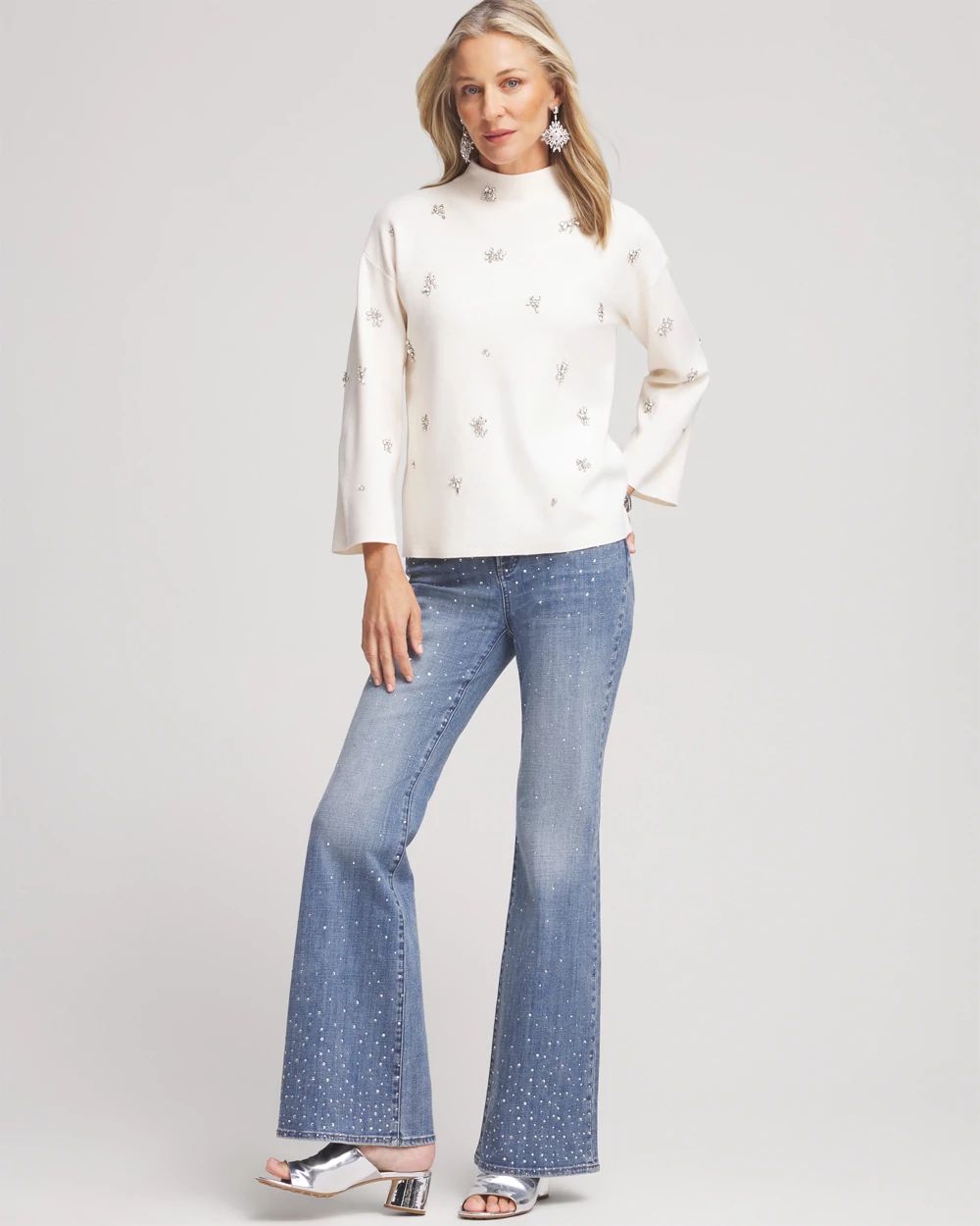 Embellished Mockneck Pullover Sweater