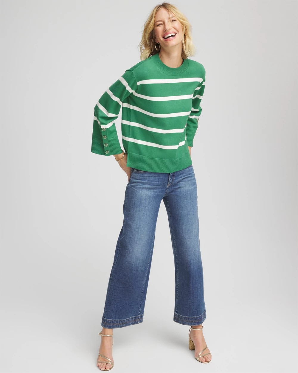Striped Button Sleeve Crewneck Pullover Sweater