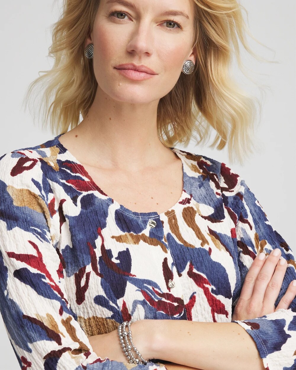 Printed Textured Scoopneck Cardigan