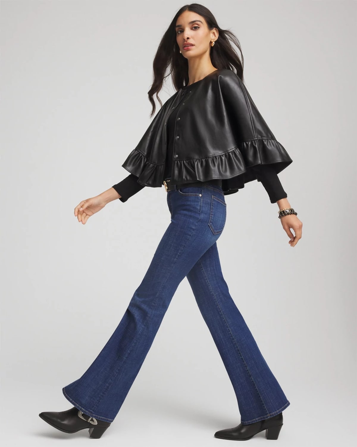 Chico's Faux Leather Ruffled Cape In Black In Black