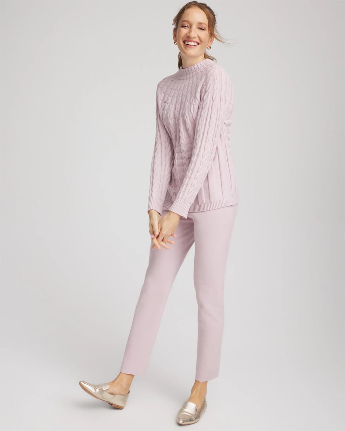 Chico's Luxe Cable Sweater In Lilac Smoke In Pink