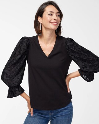 Chiffon Knit Mix Burnout Sleeve Top