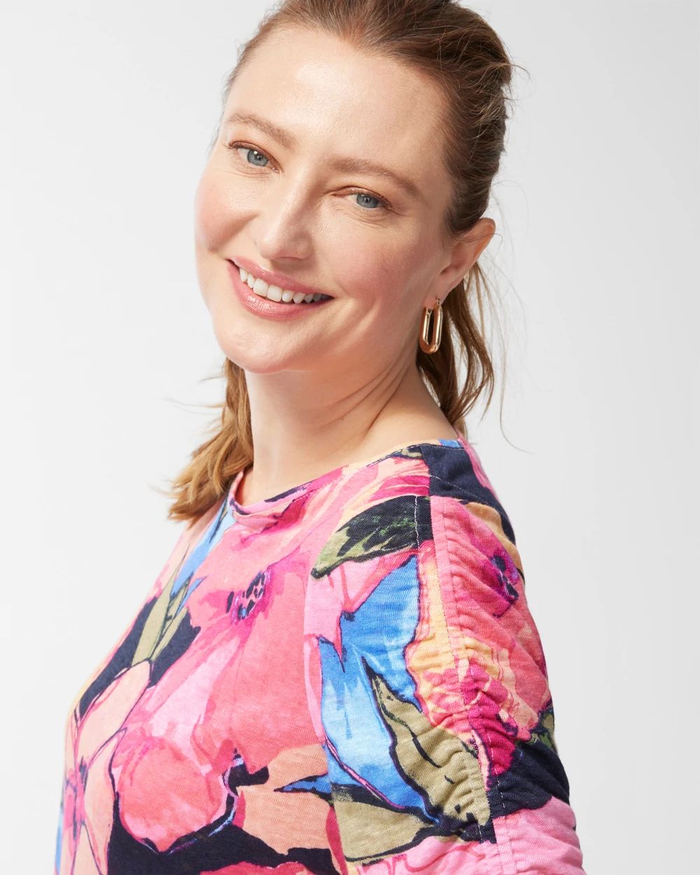 Linen Floral Ruched Sleeve Tee