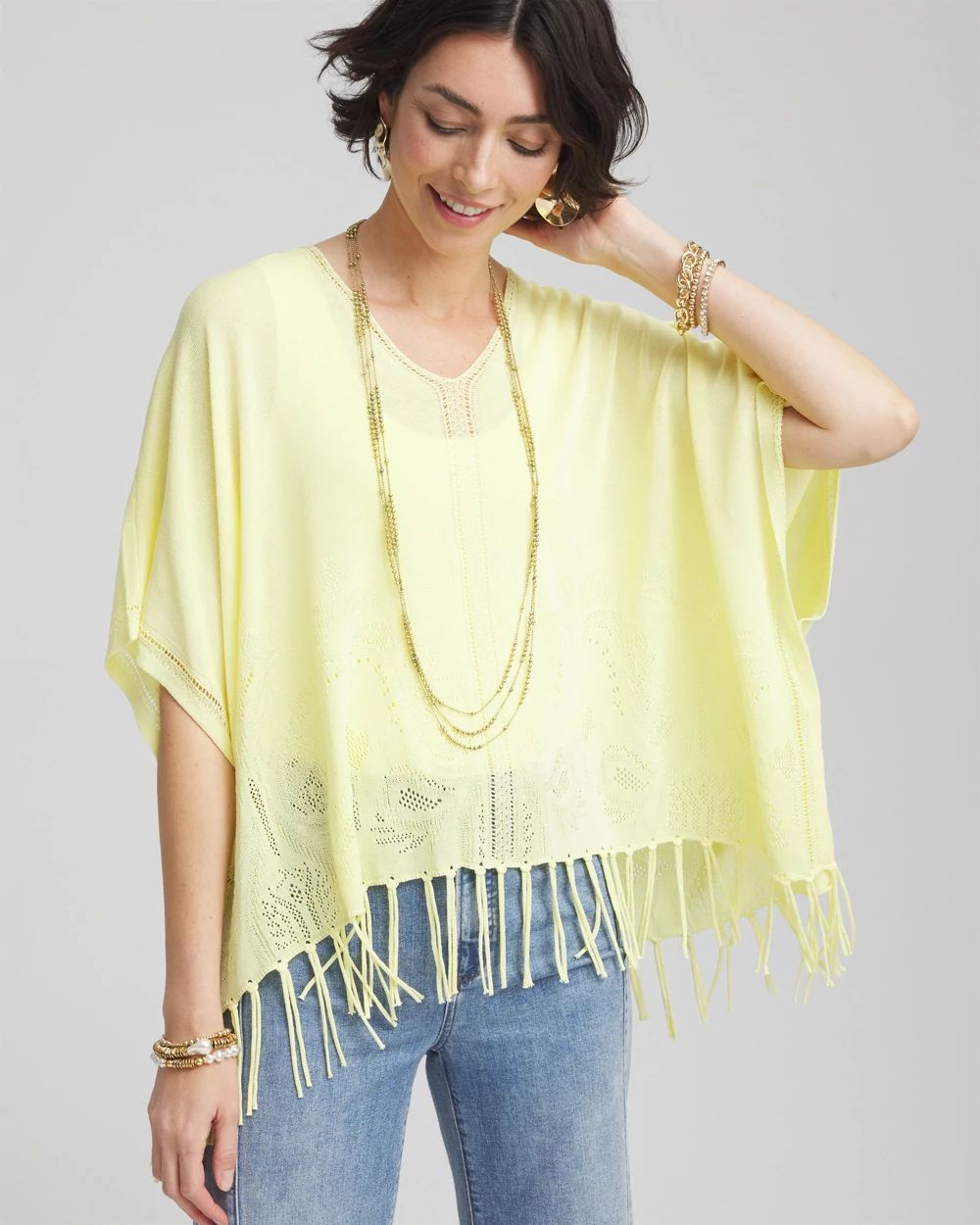 V-Neck Cutwork Placket Poncho