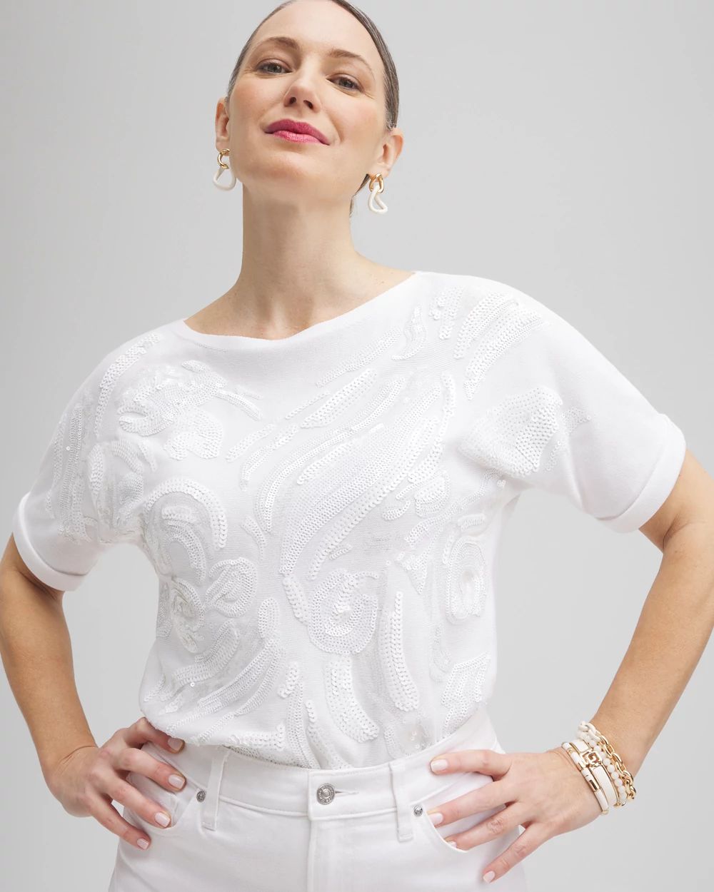 White Sequin Pullover Sweater