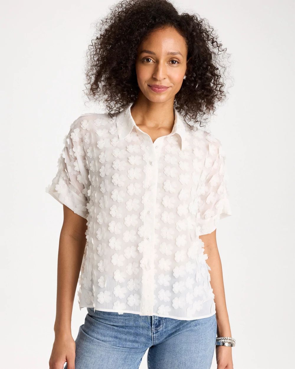 3D Floral Chiffon Camp Shirt
