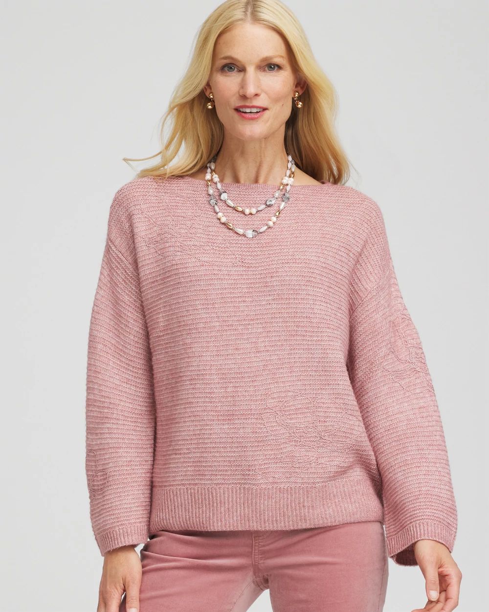 Tonal Embroidered Boatneck Pullover Sweater