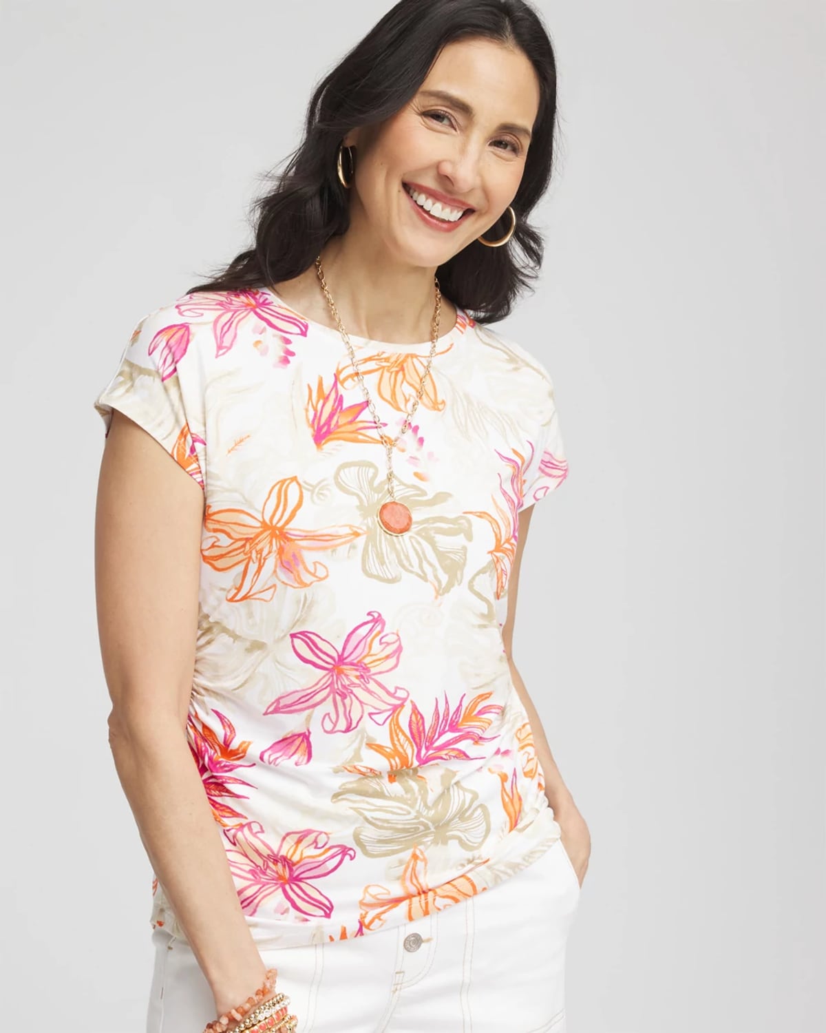 Chico's Touch Of Cool Tropical Floral Dolman Tee In White In White