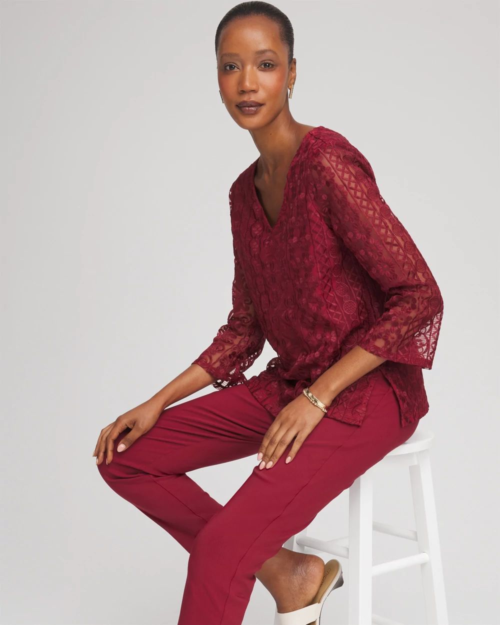 Embroidered Mesh Tunic Top