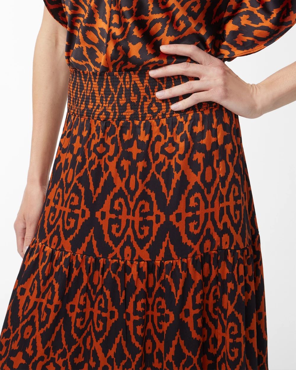 Satin Ikat Tiered Maxi Skirt