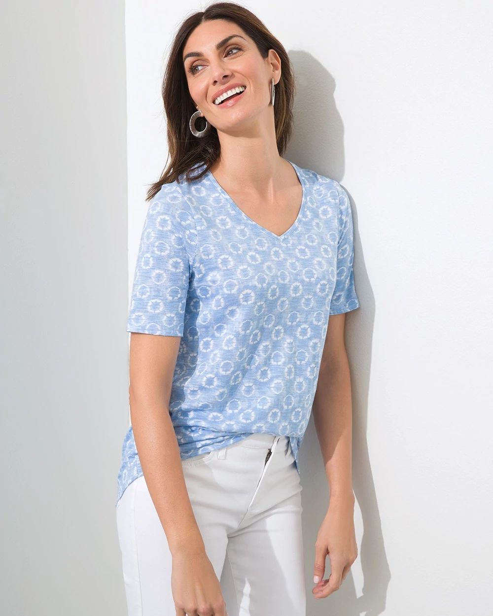 Pleated Back V-Neck Print Slub Tee