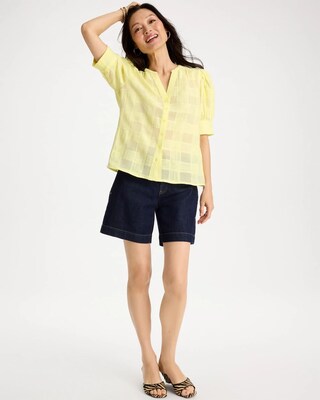 Cotton Plaid Elbow-Sleeve Shirt click to view larger image.