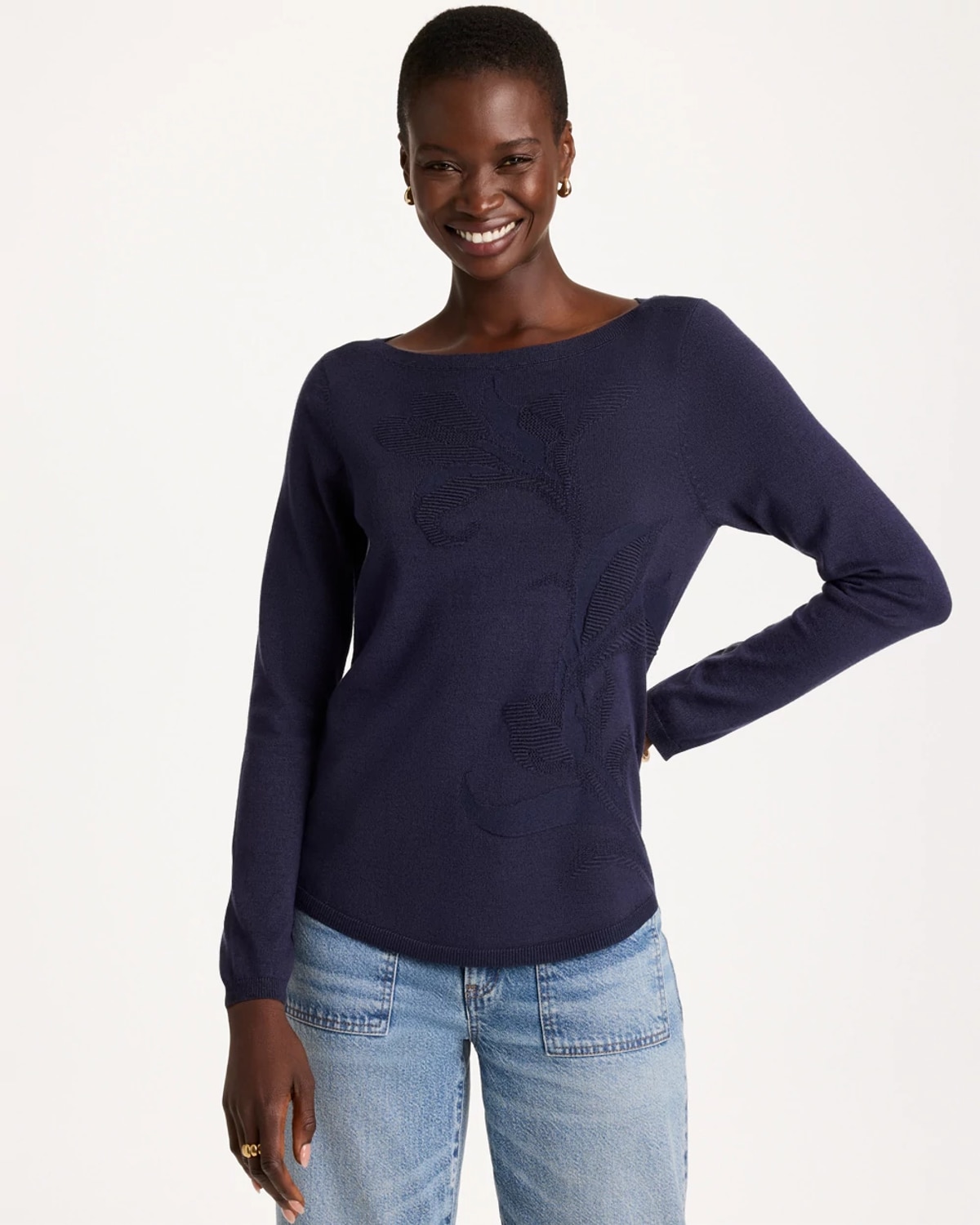 Chico's Ella Bateau Jacquard Pullover Sweater In Blue In Passport Blue
