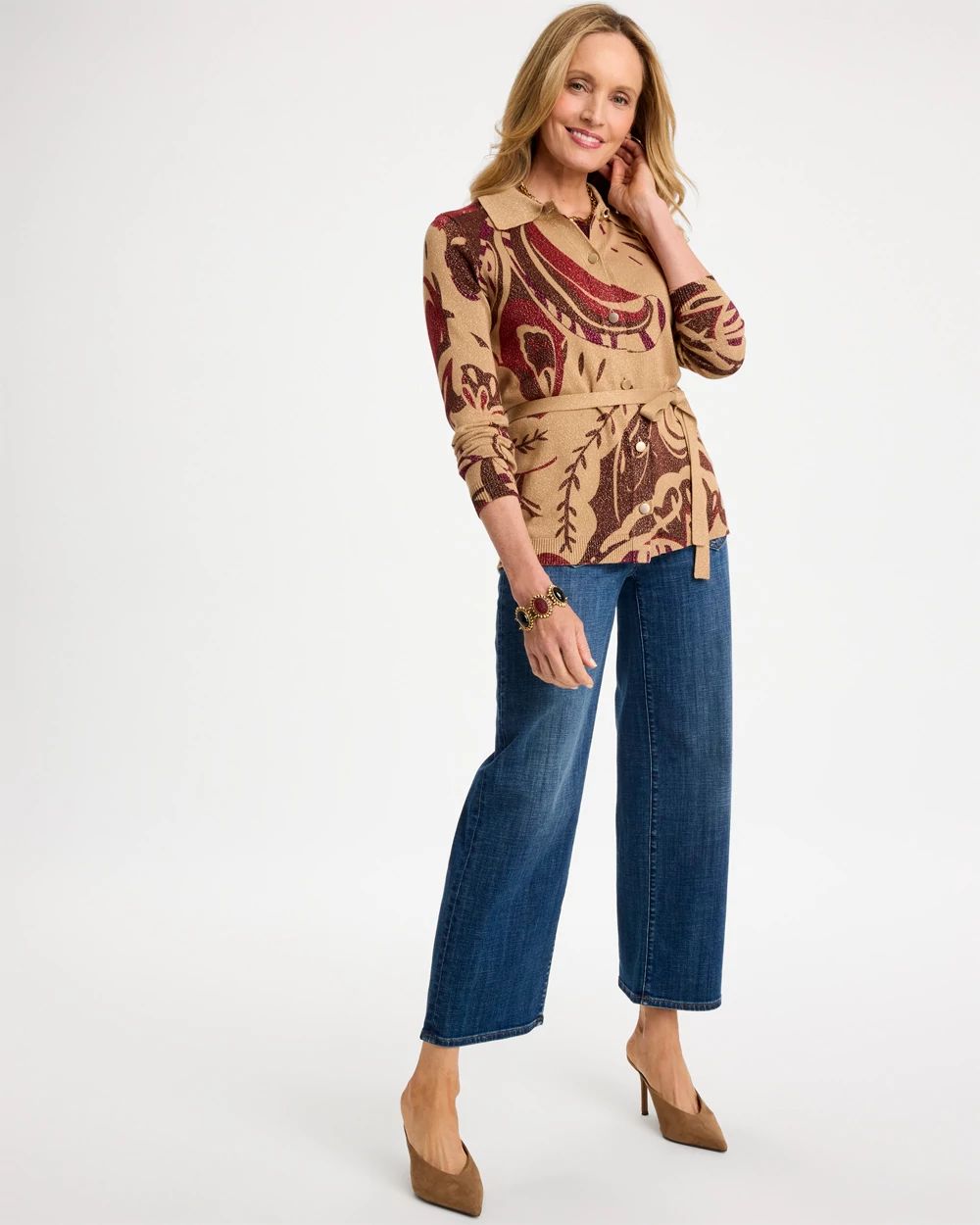 Collared Printed Belted Cardigan click to view larger image.