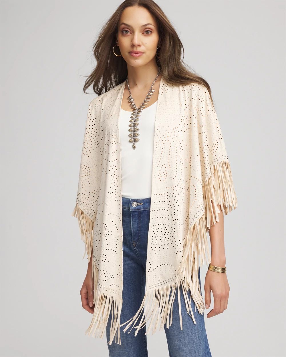 Perforated Suede-Motif Fringe Ruana