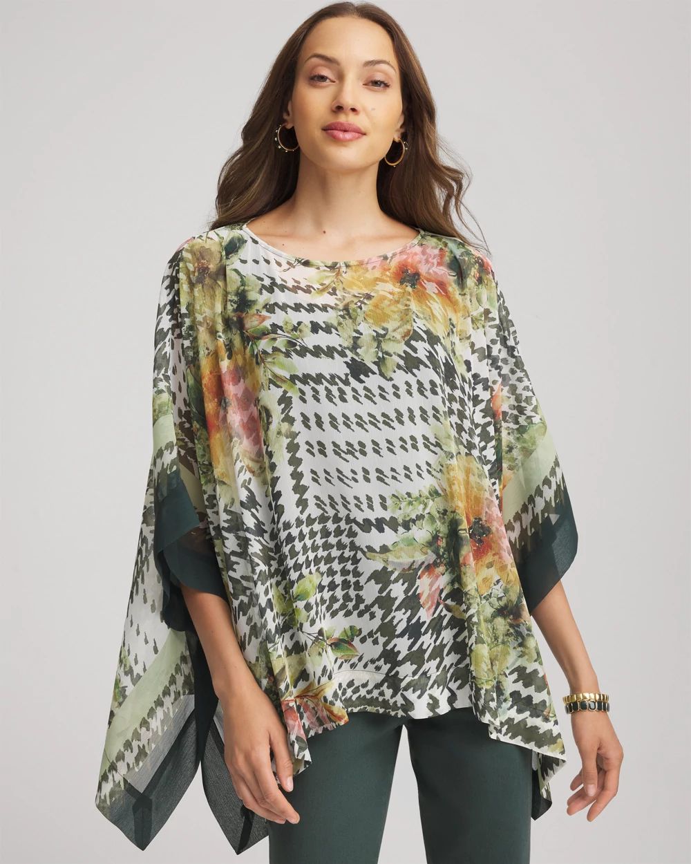 Printed Crinkle-Chiffon Pull-On Poncho