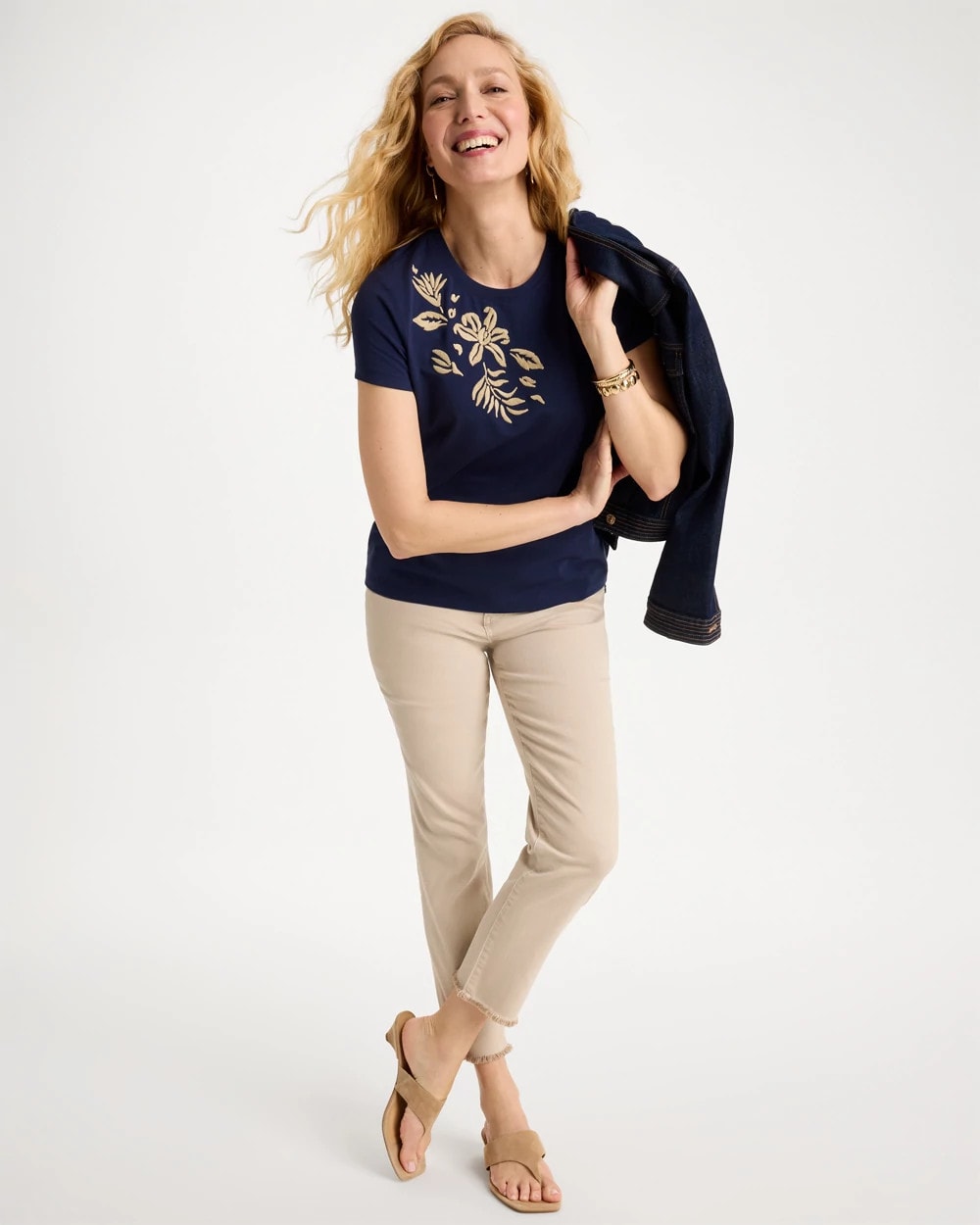 Cotton Stretch Cap Sleeve Embroidered Tee