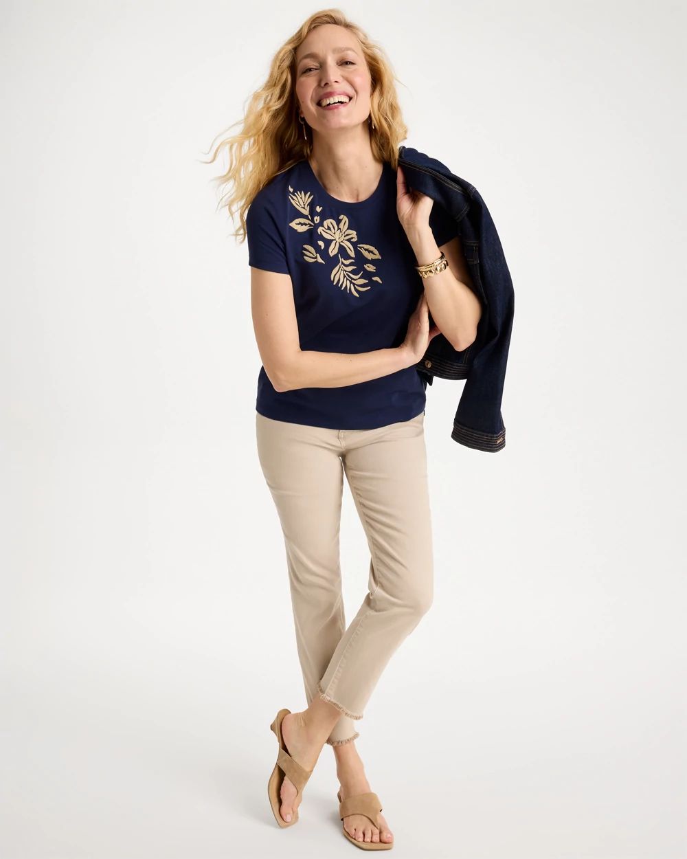 Cotton Stretch Cap Sleeve Embroidered Tee