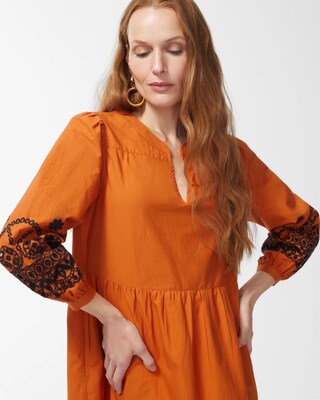 Poplin Embroidered Sleeve Midi Dress