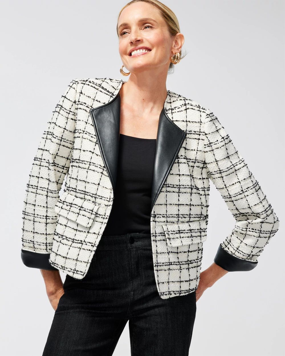Tweed Faux Leather Trim Jacket