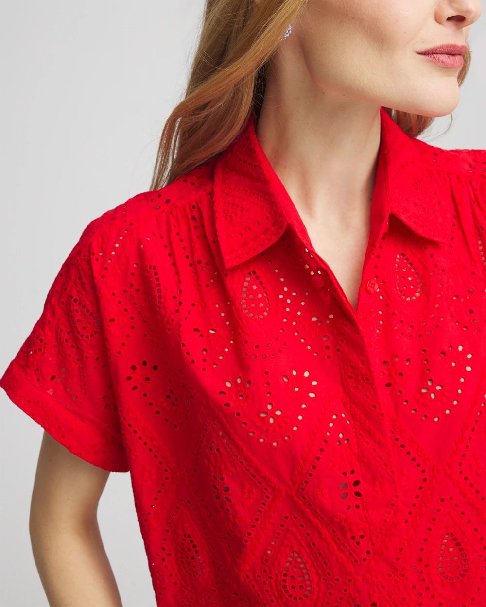 Embroidered Eyelet Button-down Top