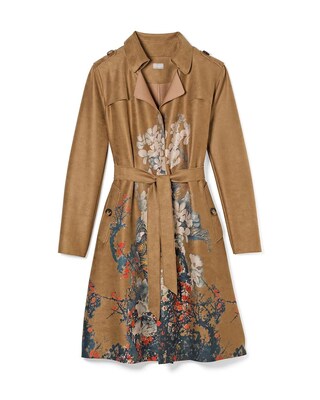 Floral Faux-Suede Trench Coat
