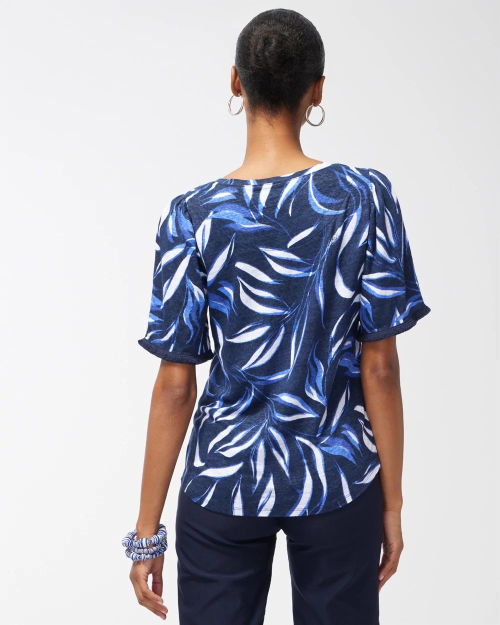 Linen Leaf Print Fringe Sleeve Tee