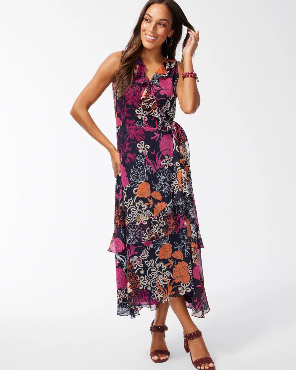 Chiffon Floral Faux Wrap Dress