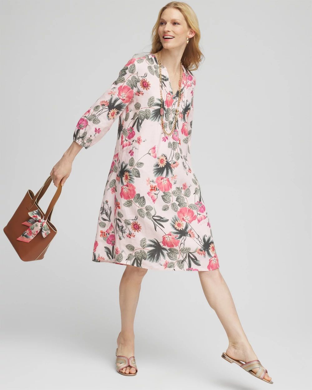 Floral Linen Pintuck 3/4 Sleeved Dress